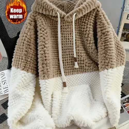 Women's Color Blocking Hooded Hoodie Sweatshirt, Casual Comfy Pullover, Casual Pullover Hoodies, Plush Soft, Fluffy, Fall & Winter Warm Casual Wear, Loose-Fitting Daily, Womenswear, Everyday