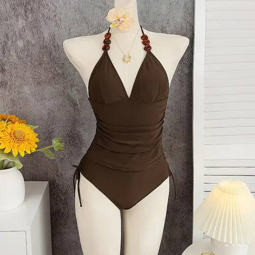Women's Two-Piece Tankini Set, Plain Design with Resin Irregular Beads, Comfortable for Pool Beach Daily Use, Tankini Swimsuits Set