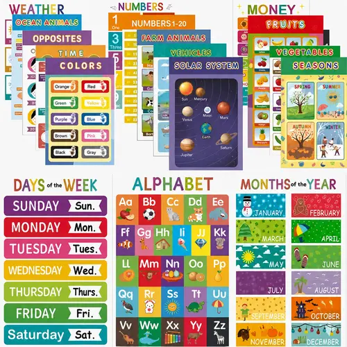 16 Educational Wall Posters for Children, Classroom and Teacher Decor for Kids, Perfect for Ages 1-5, Ideal for Elementary and Colorful-Themed Rooms.