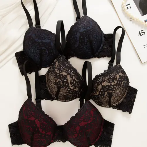 3 Pcs Ladies' Underwear Bra Set,Push Up Bra, Hight Support Non-Removable Padding, Push Up Padded, Supportive Bra, Lace Design, Underwired & Unlined, Push-Up Style, Daily Wear, Breathable & Comfortable Fit, Everyday, Medium, Straps, Elegant, Lace Bras