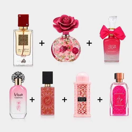 Ana Abiyedh Rouge + Layaan + Bint Hooran Rose Passion + Sabaya + Ajwad Pink to Pink + Rave Now Women + Candy Bite --- 7-piece bundle for women