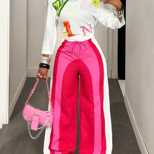 Women's Fashion Summer Thin Colorblock Print Sport Pants, Loose-Fitting Wide Leg Knit Woven Sports Trousers, All Seasons Casual Wear