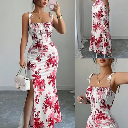 New Women's Dress with, Bow Waist Belt, Ruffled Hem Split Print Design, Perfect for Parties and Daily Wear, Show off Your Figure and Elegance