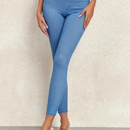 Artificial Denim Printed Leggings Casual High-Waist Daily Elastic Leggings with Fake Pockets Women's Clothing for Casual Outings summerwins,summerwins,travel essentials,camping essentials tiktokshopbacktoschool,back to school,back to school haul
