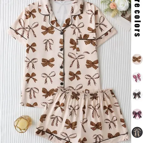 Women's Leopard Bow Print Sleepwear Loungewear, Casual Fitted Short Sleeve Top & Loose Comfortable Shorts, Elegant Ladies' Nightwear