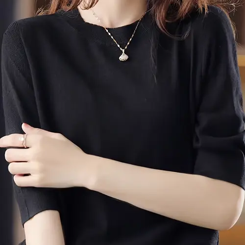 Women's Knitted Sweater Round Neck Medium Sleeve Spring Autumn New Vintage Casual Basic Elegant Top Half-Sleeve Base Layer Knitwear Womenswear
