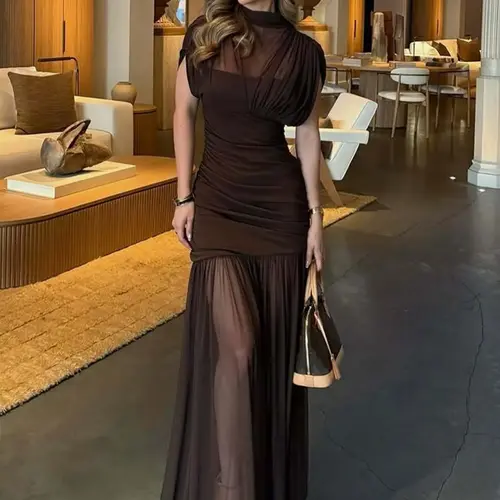Women's Solid Mesh Sheer Ruched Drop Shoulder Cap Short Sleeves Bodycon Dress, elegant dress, Sexy Mock Neck See Through Plain Slim Fit Maxi Dress, Party Evening Gown, Holiday Daily Casual Slip Long Dresses Summer Fashion Clothes, Elegant evening wear