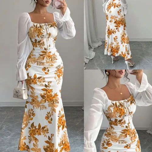 New Women's Long Dress for Summer and Fall, Feminine Lightweight Square Neck Bow Chiffon Puff Sleeve Floral Print Design, Casual Wear, Perfect for Dates, Parties, Daily Wear