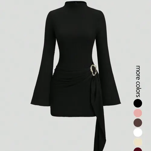 Women's stand-up collar, fitted waist, minimalist Elegant flared sleeves, metal buckle Solid slim-fit midi dress, perfect for parties Formal Womenswear, Evening Party Dresses, Elegance, Chic, Bell Sleeve Dresses, Collared Dress