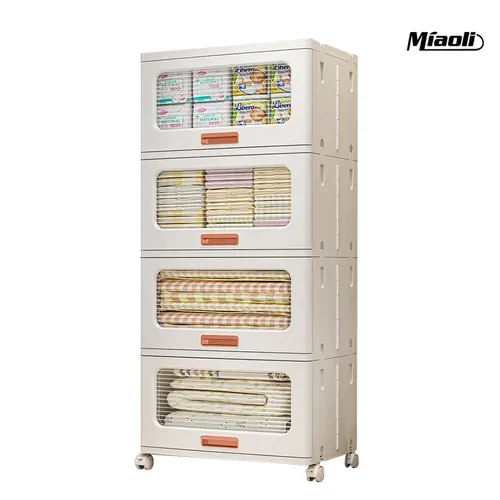 miaoli Sturdy Waterproof Plastic Folding Storage Cabinet with Wheels, 2/3/4-Layer Regular Door Design, Seat Lock, Easy Assembly for Living Room, Bedroom, Home Use