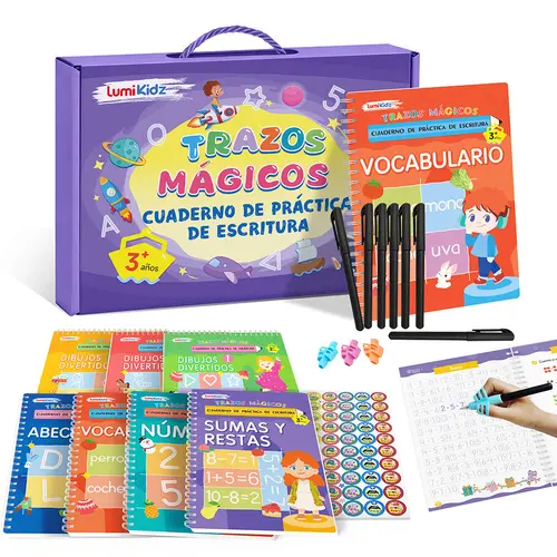 [# vocabulary learning aid ]2026 Spanish Magic Groove Calligraphy Practice Book, Reusable Large Writing Book, Kindergarten Homework Book, 3-8-year-old Children's Writing Practice Book, 10.24 * 7.29 inches (7 books+pen) Learning Materials School Supplies,,
