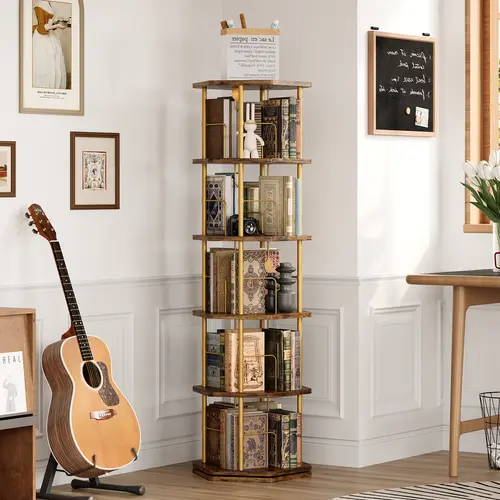 IRONCK 5-Tier 360 Rotating Floor-Standing Bookshelf, Stable Wooden Storage Organizer with 4-Slot Organize, Easy-Setup Spinning Rack for Books, Family & Children Home Display