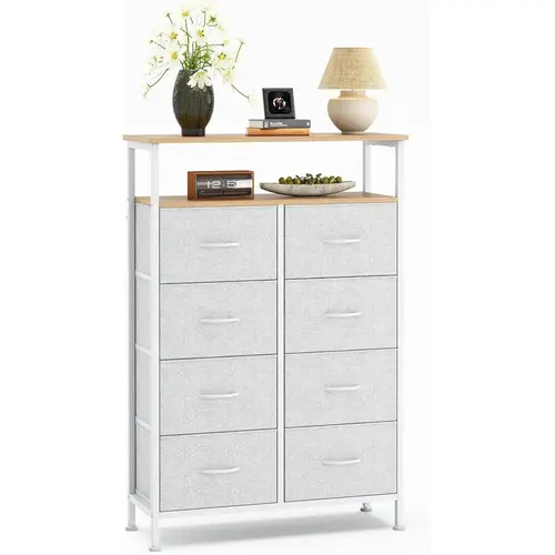 Sweetcrispy Adjustable Wooden Top TV Stand Furniture - TV Cabinet Table with Raised Shelf, Built-In Fabric Drawers, Fits Up to 45in Multimedia Centre for Living Room