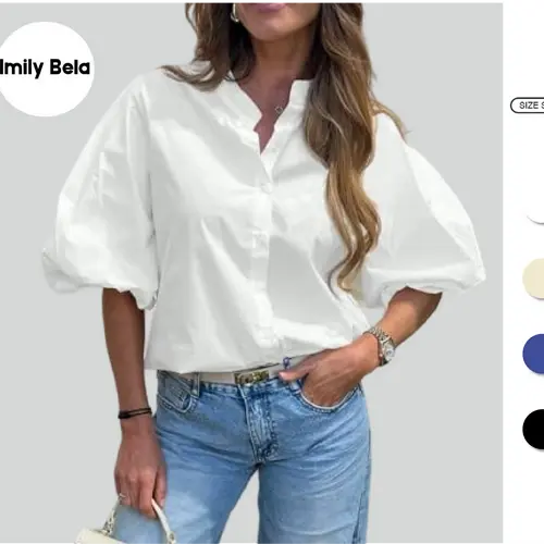 Imily Bela Womens Half Puff Sleeve Button Down Shirts Cotton Loose Fit Tops Summer Dressy Casual Blouses