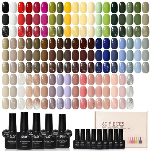 GAOY 60 Pcs Gel Nail Polish Set, 55 Colors at Home Manicure Gel Polish Kit | With Base Glossy Matte Glitter Top Coat, Builder Gel, Red Green Nude Brown Blue Black White, Nail Art DIY, Gifts for Women