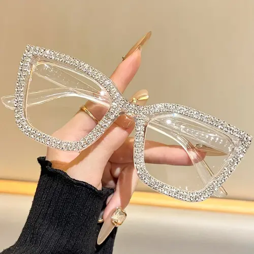 Fashion Modern Look Trending Eyeglasses Cat-Eye Anti-Blue Light Reading Glasses, Reading Eyewear, Diamond-Inlaid Big High-Strength Durable PC Frame, Anti-Fatigue Square Eyeglasses, Ideal Office & Reading Gift
