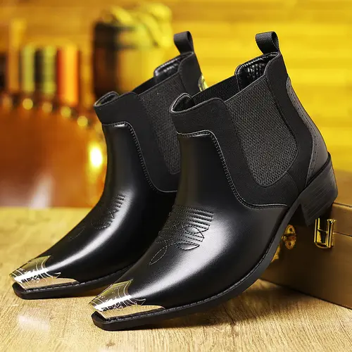 Men's Western Cowboy Steel-Toe Pointed-Toe Chelsea Ankle Boots - Retro Style PU Leather Urban Cowboy Outdoor Ready Casual Comfortable Footwear (Black, Brown)