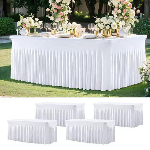 4-Pc Stretchy Elastane Spandex Fitted Rectangle Tablecloth Set - 6 ft, Wrinkle-Free, Multi-Size, Snug Fit, Quick Setup, Stretch-Hold, Birthday Party Supplies, Bonfire Use