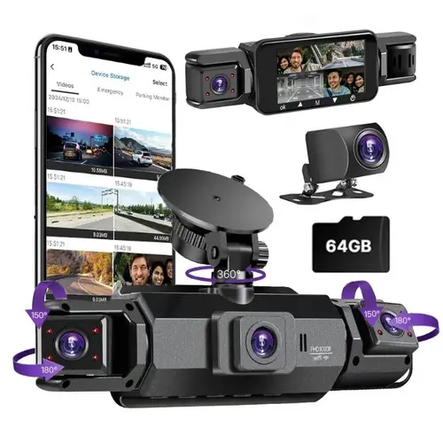Four-Channel Dashcam, Front,Rear, Left and Right, Full HD Dual Dash Camera for Cars Built-in WiFi, 64GB Card, Car Camera with 4" IPS Screen, Clear Night Vision, HDR, App Control, 24H Parking Monitor . Automotive Driving Recorder