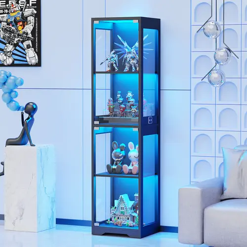 BROTTAR Black 4-Tier Multi Layer Cabinet with Glass Popup Door Access, LED Lighting 3-Color Auto On/Off Light, Human Body Sensor Display Case for Collectibles, Four Tiers