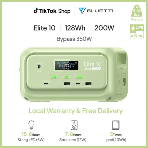 BLUETTI Elite 10 Green Portable Power Station 128Wh, 3.8 lbs Palm-Sized, Airline-Approved for Travel, Camping & Emergencies