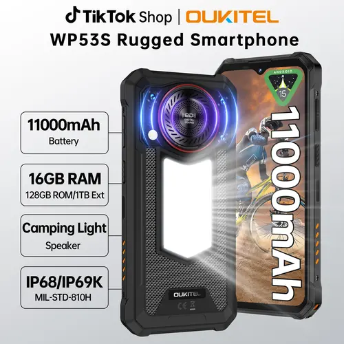 OUKITEL WP53S Rugged Unlocked Smartphone，11000mAh Battery + Camping Light，16(4+12)GB + 128GB，Octa-Core Mobile Phone，6.52"HD + 90Hz，13 MP + 8 MP Camera，IP68/IP69K，4G Dual SIM/NFC/OTG/T-Mobile