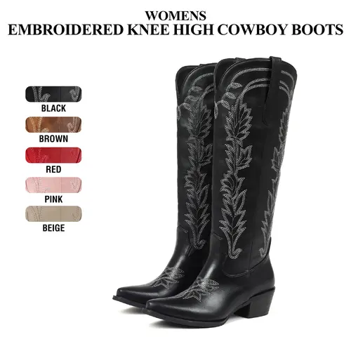 CYNLLIO Womens Knee High Cowboy Boots Snip Toe Chunky Block Heels Pull On Comfy Embroided Half Side Zipper Fashionable Holiday Outing Dating Walking Party Casual Riding Club Disco Dress Summer Wide Calf Western Desert Clay Boots