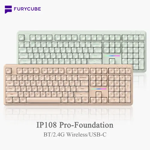 FURYCUBE IP108 PRO Membrane Gaming Keyboard - 108-Key Tri-Mode Classic Cute with Number Pad, Mechanical Feel, RGB Backlit, Ergonomic Silent Wireless for PC/Mac, PC Accessories, Back to School Gift, Keyboards For Gaming