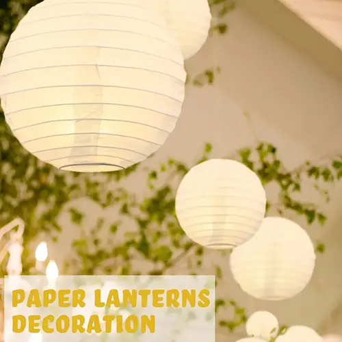 HOODINK 2-Pack Round Solar-Powered Paper Outdoor Lanterns - 3-Color (White, Green, Orange) Asian Hanging Lights for Halloween, Birthday, Wedding, Versatile Use, Home Decor with Soft Glow for Warm Party Mood