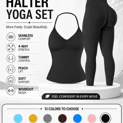 Women's Seamless Sportswear Set, Halter Sports Bra & Butt-Lifting Tight Pants, Removable Pads, Sculpting Activewear Workout Outfit, Workout Sets, Ideal for Gym, Running, Yoga and Outdoor Activities