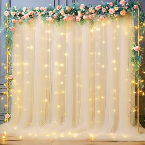 Colorful Transparent Sheer Backdrop Curtains with Champagne Lights (9.84ft x 7.05ft) - Champagne, Sky Blue, Pink, White, Green, Purple - for Bridal Shower, Birthday, Party Decor & Photobooth Props (Boosts Festive Vibes)