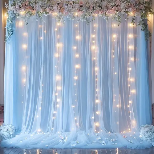Sheer Fabric Backdrop Curtains with Built-in Party Lights (9.84x7.05 ft, 1 Set) - Sky Blue, Pink, White, Champagne, Green, Purple - Wedding Shower Drapes, Hangs Up for Instant Decor, Home Photobooth Props