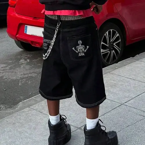 Men's Oversize Loose Fit Denim Shorts with Letter Embroidery, Y2K Streetwear Hip Hop Rock Style, Casual Outdoor Activity Pants