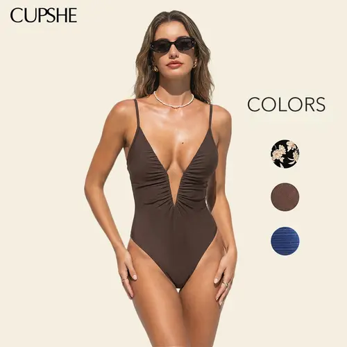 CUPSHE Sunbaked Shore Brown One-Piece Swimsuit | V-Wire Plunging Neckline Bathing Suit | Aesthetic Sculptural Body-Con Swimwear for Resort Wear 2026 Bathing suit #summerfinds