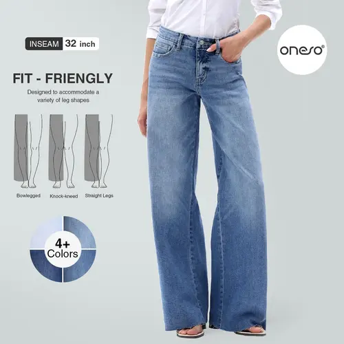 Ella ONESO On Target Stretchy Wide Leg Jeans Mid-low Waist Distressed Raw Hem Denim Pants BBL Baggy Vintage Casual Streetwear Spring Fashion Daily Outfits