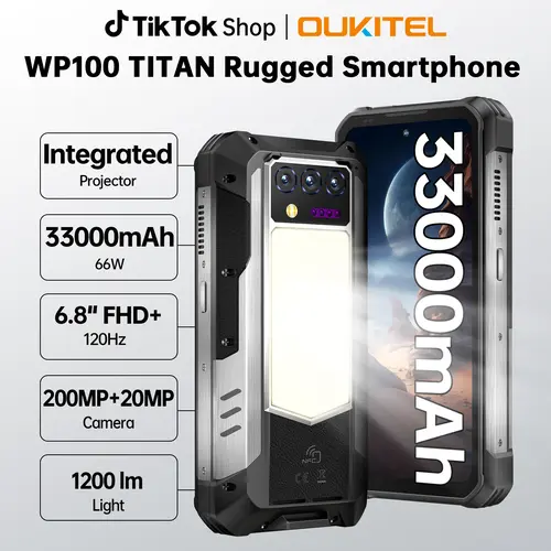 OUKITEL WP100 TITAN Rugged 5G Unlocked Android Cellphone - 33000mAh Battery, 48GB+512GB, 6.8'' FHD+120Hz HD Touch Screen, 200MP Camera, Gyroscope, Type C, Compass, Plumb Bob, 1200 Lumens Camping Light, Projector, T-Mobile Compatible