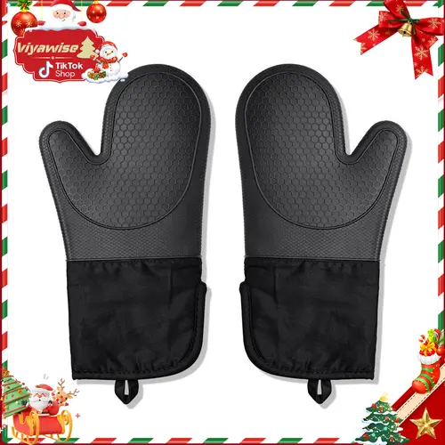 Viyawise Silicone Oven Mitts - 2-Piece Bakeware with Soft Cotton Lining, Heat-Resistant Insulation, Waterproof Non-Slip Design, Machine-Washable Kitchen Accessories for Secure Hot Grip, Baking, BBQ