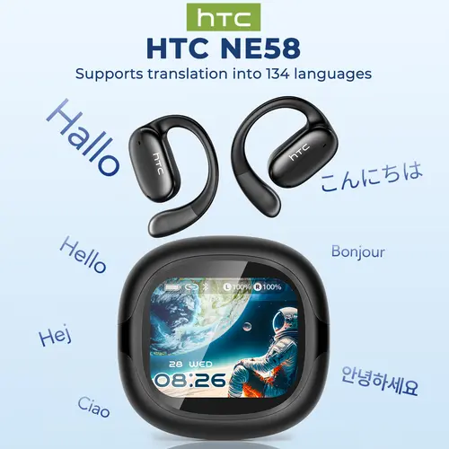 HTC NE58 OWS Translator Bluetooth Earbuds - Bluetooth 6.0 Electronic Headset, LED Multi-Function Touchscreen, 134-Language Real-Time Translation, Hi-Fi Audio, HD Calls, Suitable for Travel, Office