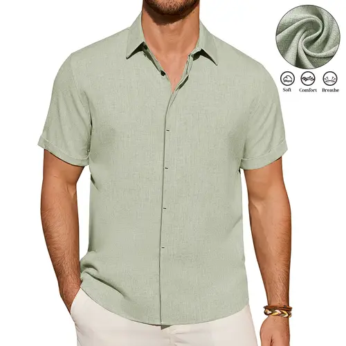 Alimen Mens Linen Shirts Short Sleeve Dress Shirts for Men Lightweight Breathable Linen Fabric Comfortable, Beach Vacation Summer Party Wedding Casual Button Down Shirts Spread Collar Linen Shirts for Men #FathersDayGift #DealsForYouDays Beige Top