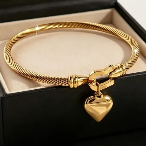Gold Tone Stainless Steel Heart Pendant Bracelet for Men and Women