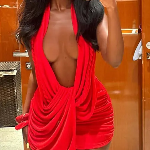 DOUCIU Women's Tight-Fitting Halter Neck Sleeveless Short Draped Chic Trendy Fitted Bodycon Dress Womenswear Casual Street Style Design Plain Color Minimalist Fashion Perfect for Night Out & Party Wear