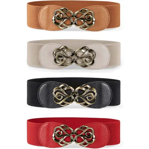 4PCS Elastic Vintage Wide Belts with Golden-Tone Leaf Buckle - Stylish Boho Dress Accessories,Perfect for Christmas, Thanksgiving, Teacher's Day,Graduation Season, Ladies Belts Suitable for teens