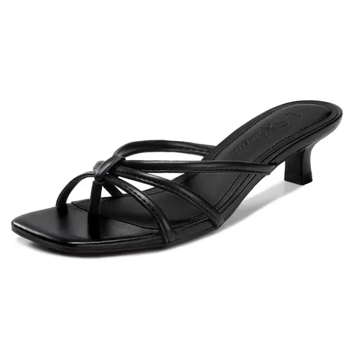 Women's Elegant Strappy Low Heel (1-3 cm) Square Toe Slip-On Thong Sandals - Fashion Flip Flops with Padded Strap, Polyurethane (PU) Casual Footwear