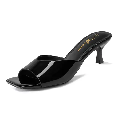 Women's Classic PU Kitten Heels - Square Open Toe, 2-in Low Heel Footwear, Comfortable Slip-On Sandal Shoes