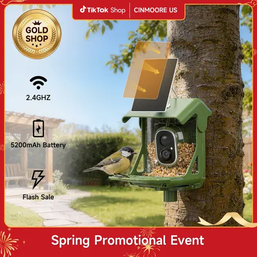 CINMOORE Smart Bird Feeder with Camera - Solar-Powered, AI Recognition, 2.4G WiFi, 2.5 HD Live Video Stream, Full-Color Night Vision, Instant Arrival Alerts, Weatherproof Outdoor Bird House (Holidays, Birthdays, Housewarming Gifts for Friends, Parents)
