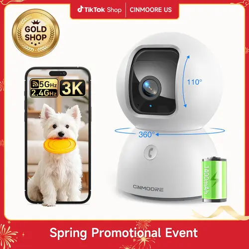 CINMOORE 3K Smart WiFi Security Camera - 1400mAh Battery, 5GHz/2.4GHz Dual WiFi, Pan-Tilt, 2-Way Talk, AI Detection, Motion Tracking, SD Micro Support, Indoor Remote Monitoring for Home/Pet Use