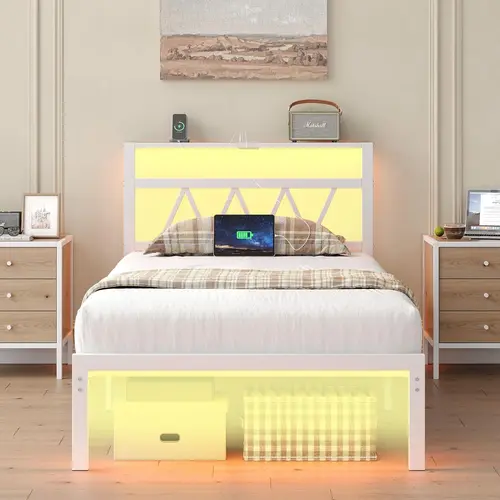 COLLAREDEAGLE LED Bed Frame Modern Wood Slat Bed Frame No Box Spring Required Noise Free Sturdy Bed Frame For Bedroom Twin Full Queen King Size White Bed