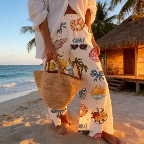 Women's Breathable Drape Elastic Printed Fabric Beach Trousers - Bow Drawstring, Colorful Seashell Style, Wide Leg, Simple Vacation Outfits (Pairs with Tops)