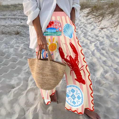 New Drops Vacation Print Wide-Leg Pants “La Dolce Vita” Lobster Design Women Statement Vibrant Holiday Trousers