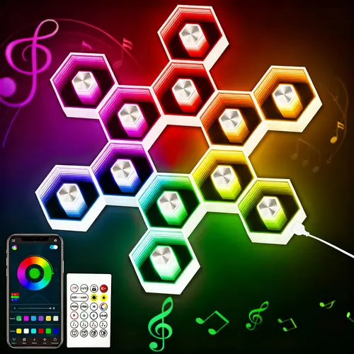 SEGRASS Hexagon Smart Plastic LED Wall Lights - APP & Remote Controlled RGB Modular Panels, Music Sync Dimmable Color Lighting, Adults' Gaming Setup Accessories, Lights for Bedroom Room Decor, Ideal Gift